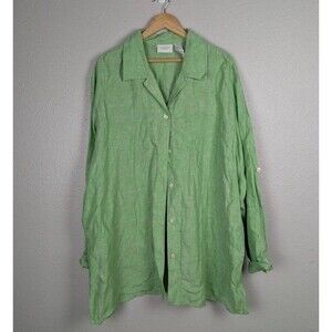 Liz Claiborne Women sz 3X Top 100% Linen Green Button Front Roll Tab Sleeve Mb